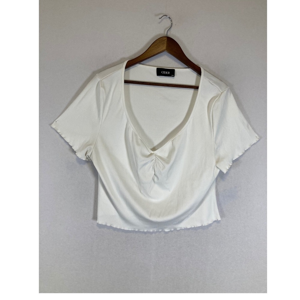 Coquette Cider Womens 2XL White Ruched Ribbed Lettuce Trim Short Sleeve Crop Top